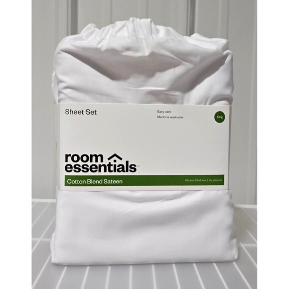 Room Essentials Easy Care Cotton Sateen King 4 Pc White Sheet & Pillowcase Set - Picture 1 of 8